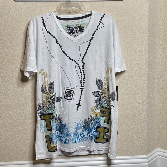 True Love False Idols Mens Hail Mary White 100% Cotton V-Neck T-Shirt Size M - Picture 1 of 5
